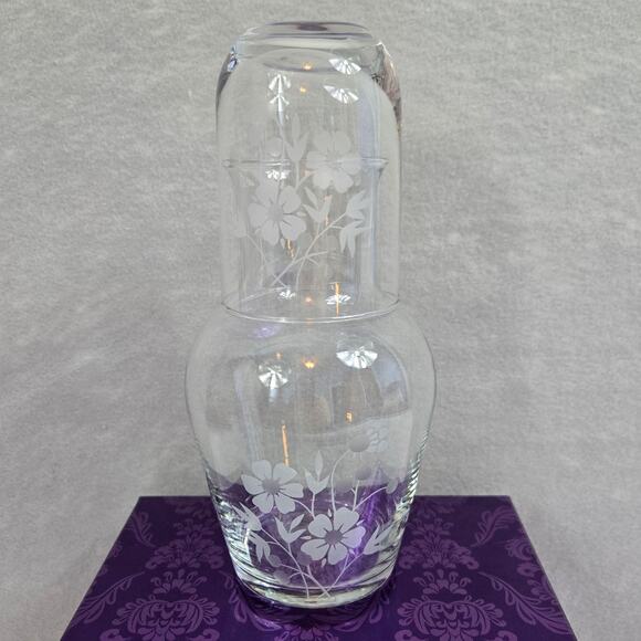 Princess House Heritage Bedside Etched Crystal Water Carafe & Drinking Glass NEW - Picture 4 of 5